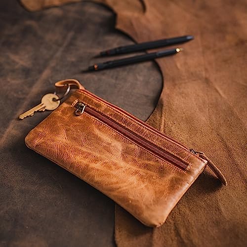 moonster Leather Pencil Case Pouch, Handcrafted 8" x 4" Leather Pen Case with Zipper - Pencil Cases for Adults with Side Pocket - Leather Pencil Pouch Zippered Pen Bag - Light Brown - Image 5