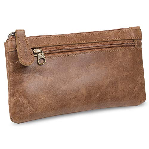 moonster Leather Pencil Case Pouch, Handcrafted 8" x 4" Leather Pen Case with Zipper - Pencil Cases for Adults with Side Pocket - Leather Pencil Pouch Zippered Pen Bag - Light Brown - Image 1