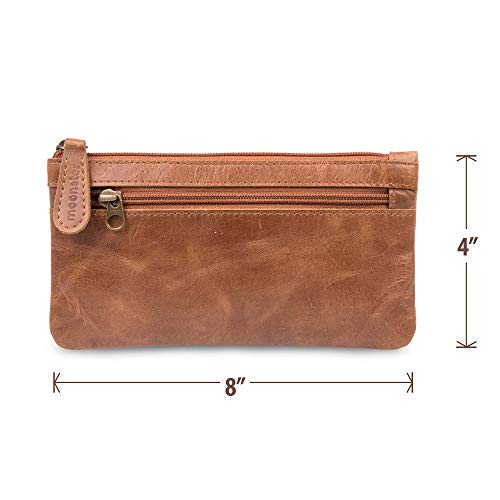 moonster Leather Pencil Case Pouch, Handcrafted 8" x 4" Leather Pen Case with Zipper - Pencil Cases for Adults with Side Pocket - Leather Pencil Pouch Zippered Pen Bag - Light Brown - Image 3