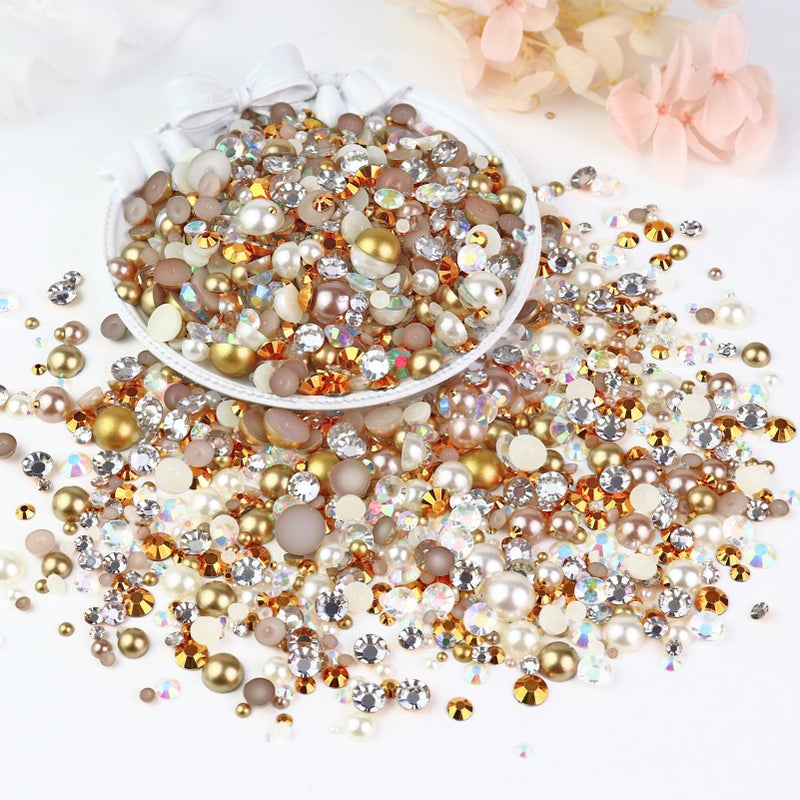 Towenm 60g Mix Pearls and Rhinestones, Half Pearls and Rhinestones for Crafts Tumblers Shoes Nails Face Art, 2mm-10mm Mixed Sizes, Champagne Gold Blend - Image 3