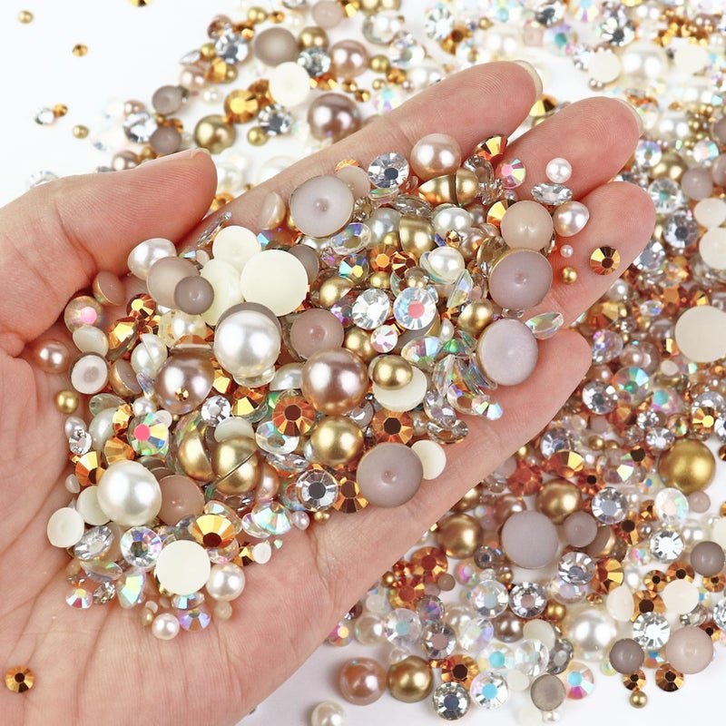 Towenm 60g Mix Pearls and Rhinestones, Half Pearls and Rhinestones for Crafts Tumblers Shoes Nails Face Art, 2mm-10mm Mixed Sizes, Champagne Gold Blend - Image 2