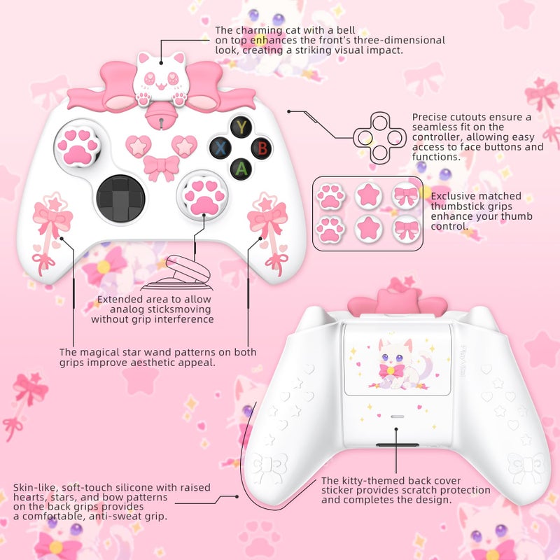 playvital غطاء سيليكون لطيف لجهاز التحكم PlayVital لجهاز Xbox Series X/S - غطاء مضاد للانزلاق على شكل قطة حبيبة مع 6 قبضة إبهام وملصقات - واقي مطاطي ناعم لملحقات جهاز التحكم الأساسي لجهاز Xbox، أبيض - Image 3