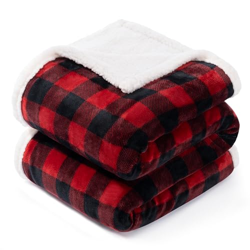 BEAUTEX Christmas Sherpa Fleece Throw Blanket, Super Soft Warm Buffalo Plaid Plush Blankets and Throws, Warm Winter Cozy Fuzzy Blanket for Couch Sofa Bed (Red, 50" x 60") - Image 1