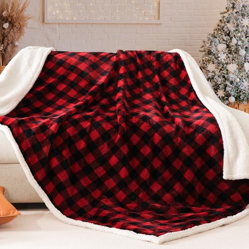 BEAUTEX Christmas Sherpa Fleece Throw Blanket, Super Soft Warm Buffalo Plaid Plush Blankets and Throws, Warm Winter Cozy Fuzzy Blanket for Couch Sofa Bed (Red, 50" x 60") - Image 4
