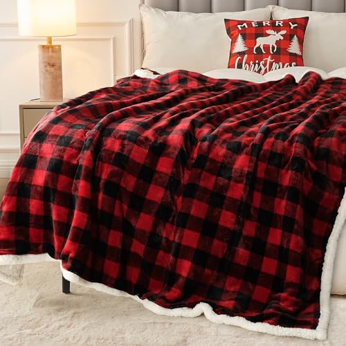 BEAUTEX Christmas Sherpa Fleece Throw Blanket, Super Soft Warm Buffalo Plaid Plush Blankets and Throws, Warm Winter Cozy Fuzzy Blanket for Couch Sofa Bed (Red, 50" x 60") - Image 5