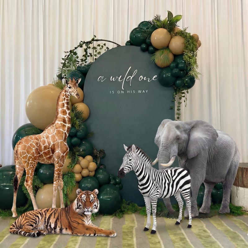 BrightRow 4 Pcs Safari Birthday Decoration Jungle Animal Cardboard Cutout Standup Life Size Safari Baby Shower Decorations Elephant Tiger Giraffe Zebra Cardboard Cutout for Photo Backdrop Party Favors - Image 1