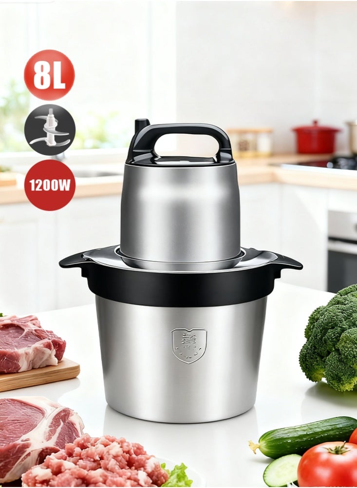 1200 W Electric Kitchen Chopper, with 8L Stainless Steel Bowl, Multi Chopper with 2 Speed Levels, Meat Grinder with 4 Blades for Meat, Onions, Fruit, Vegetables - Image 1