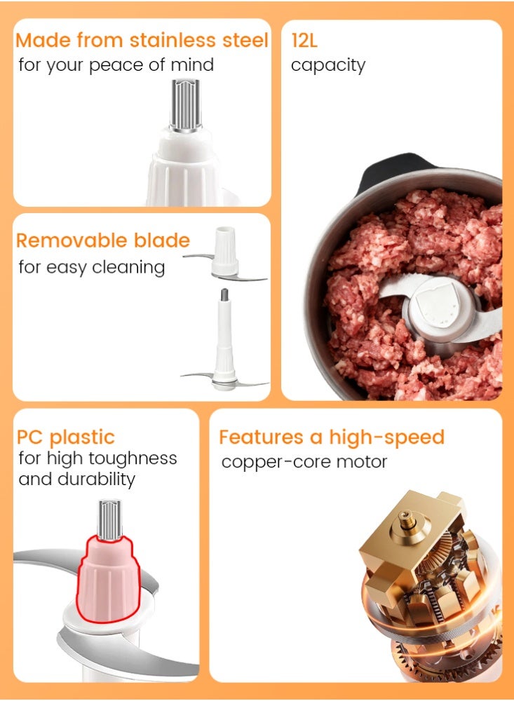 1200 W Electric Kitchen Chopper, with 8L Stainless Steel Bowl, Multi Chopper with 2 Speed Levels, Meat Grinder with 4 Blades for Meat, Onions, Fruit, Vegetables - Image 3