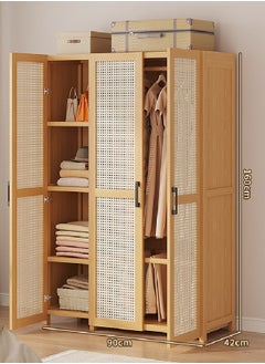 keke Rattan Panel Wooden Wardrobe 3 Door Freestanding Closet Organizer with Hanging Rod & Shelves Size 160ccm 90cm 42cm  - Image 1