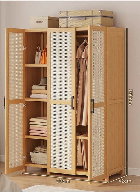 Rattan Panel Wooden Wardrobe 3 Door Freestanding Closet Organizer with Hanging Rod & Shelves Size 160ccm 90cm 42cm