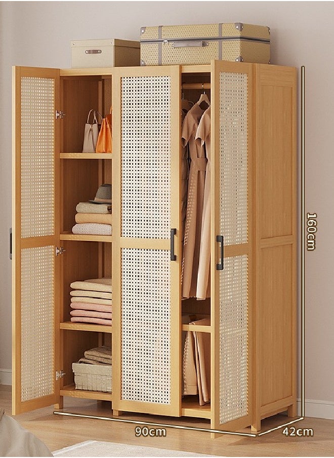 Rattan Panel Wooden Wardrobe 3 Door Freestanding Closet Organizer with Hanging Rod & Shelves Size 160ccm 90cm 42cm