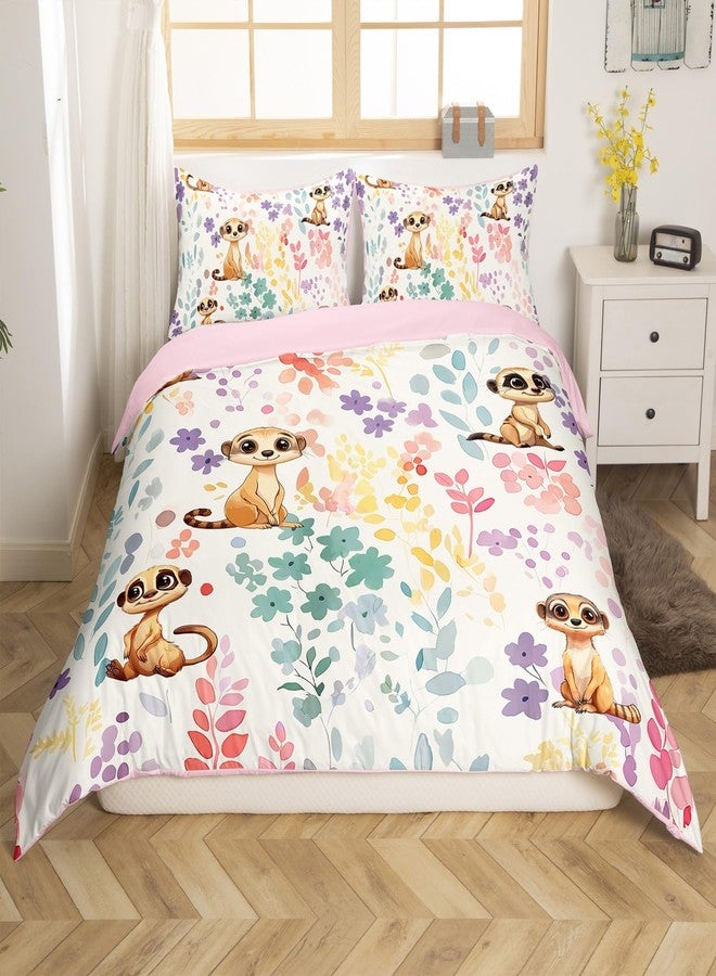 Erosebridal Kawaii Meerkat Duvet Cover Queen Size,Cartoon Meerkat Flower Bedding Set for Kids Girls Boys,Cute Watercolor Floral Bed Set Wildlife Animal Duvet Cover with 2 Pillowcases - Image 3