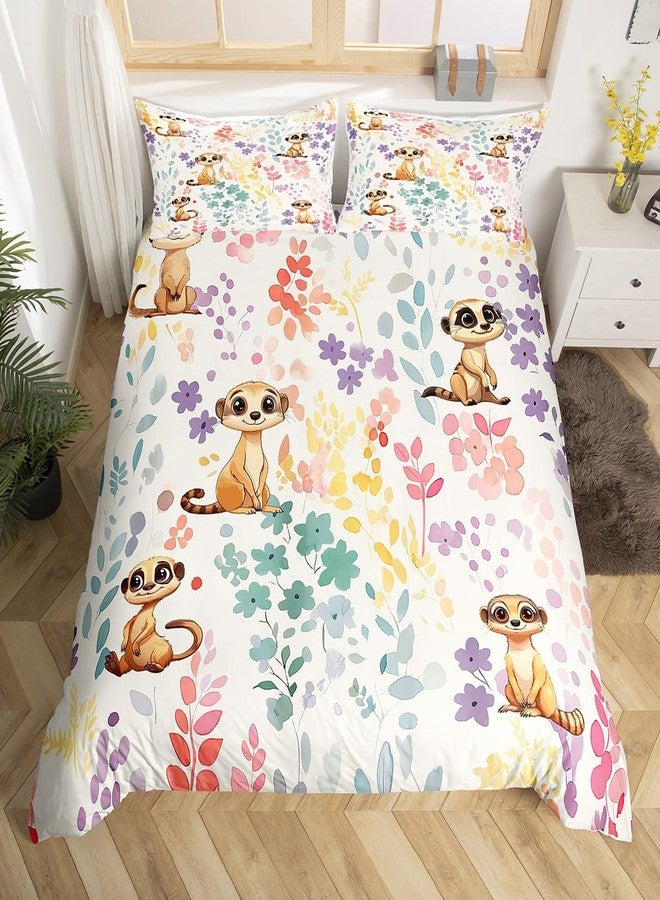 Erosebridal Kawaii Meerkat Duvet Cover Queen Size,Cartoon Meerkat Flower Bedding Set for Kids Girls Boys,Cute Watercolor Floral Bed Set Wildlife Animal Duvet Cover with 2 Pillowcases - Image 1