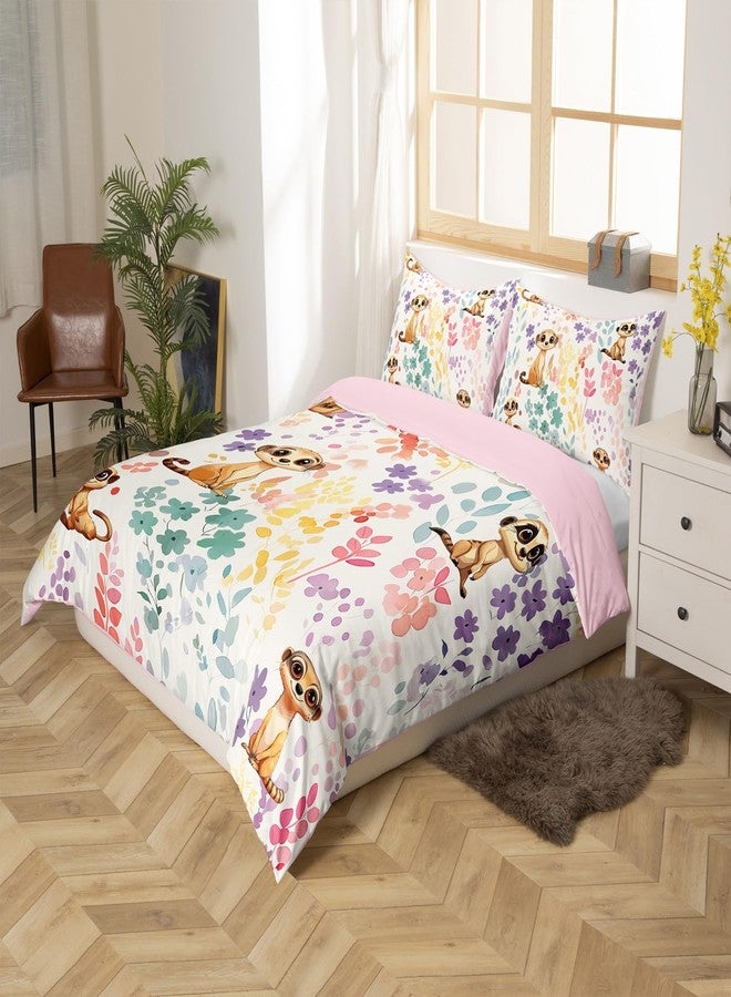 Erosebridal Kawaii Meerkat Duvet Cover Queen Size,Cartoon Meerkat Flower Bedding Set for Kids Girls Boys,Cute Watercolor Floral Bed Set Wildlife Animal Duvet Cover with 2 Pillowcases - Image 2