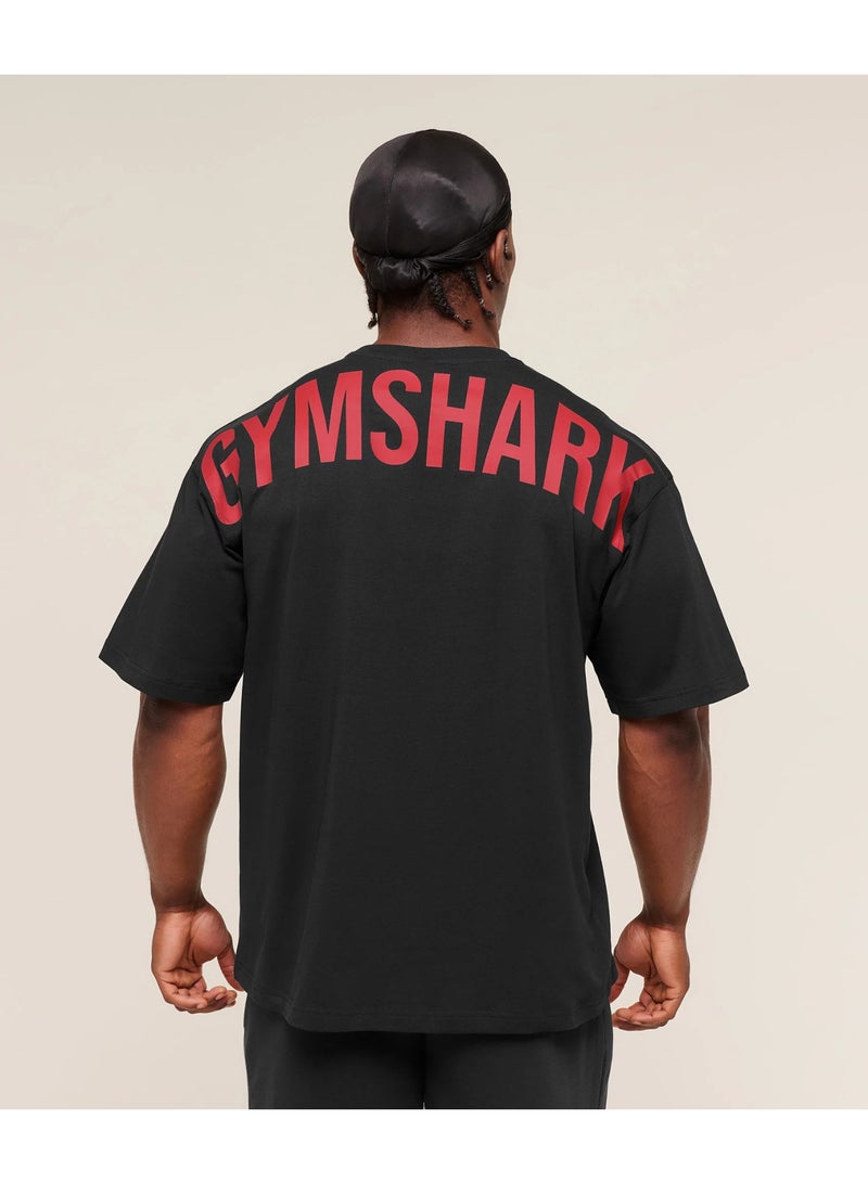 Gymshark Power T-Shirt, Men Heavyweight Oversized Gym Tshirt, Back Graphic Workout Lifting Training Top (Black/Red) - Image 1