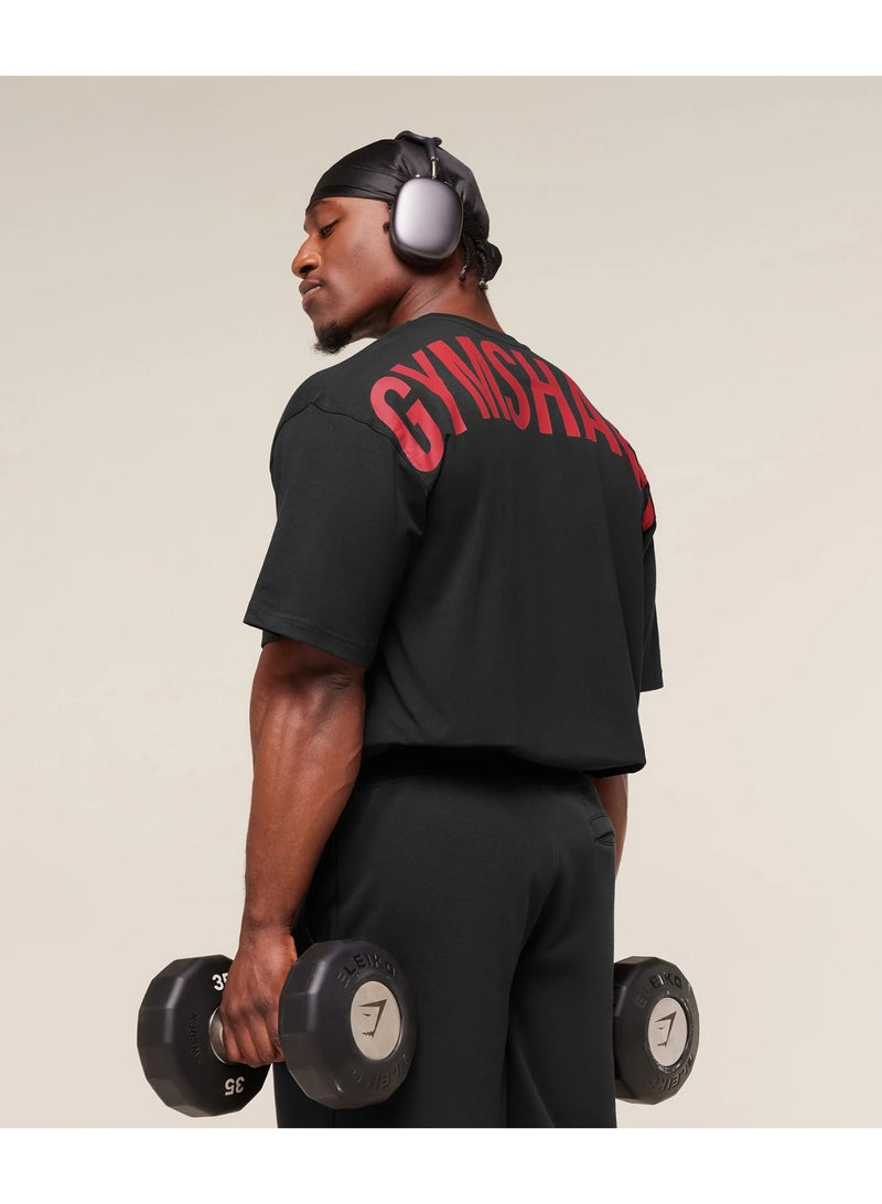 Gymshark Power T-Shirt, Men Heavyweight Oversized Gym Tshirt, Back Graphic Workout Lifting Training Top (Black/Red) - Image 5