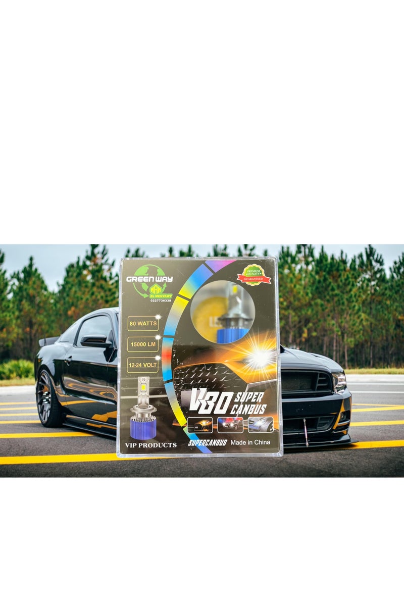 جرين واي لمبة أمامية LED 9005 - إضاءة قوية 80W، تعمل بين 9-32V، مروحة تبريد توربو، مشتت حرارة ألومنيوم، ضمان سنة