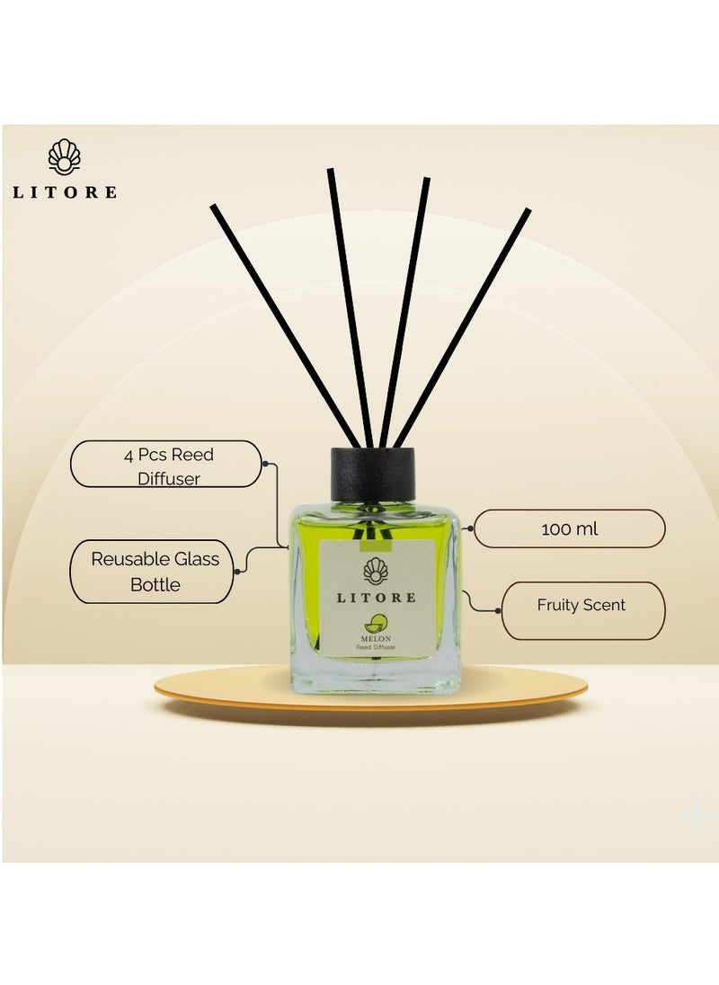 Litore Litore Melon Reed Diffuser, Best Diffuser Aromatherapy Perfume, Home Fragrance, Oil Diffuser & Reed Diffuser Sticks- Perfect for Home & Office - 100 ml  - Image 4