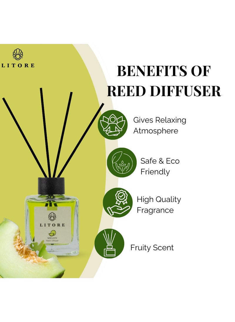 Litore Litore Melon Reed Diffuser, Best Diffuser Aromatherapy Perfume, Home Fragrance, Oil Diffuser & Reed Diffuser Sticks- Perfect for Home & Office - 100 ml  - Image 5