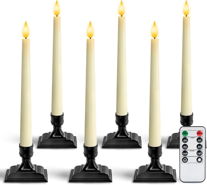 Homemory Wax Window Candles with Remote Timer Dimmer, Battery Operated Candlesticks with Holders, Christmas LED Candlesticks for Window Home Part Decor, 6 Pcs Ivory - Image 1