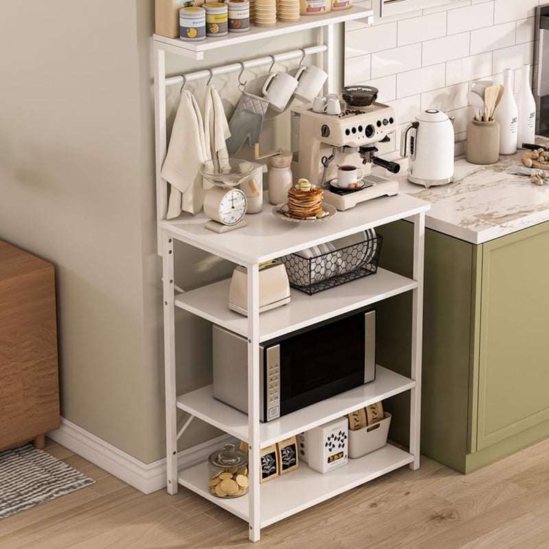 JANTENS 4 Tier Coffee Bar Station,Corner Bar Cabinet for Small Spaces,Coffee Stand Station with 5 S-Shaped Hooks,Kitchen Storage Stand with storage layer, Bakers Rack for Kitchen, Entryway (White) - Image 1