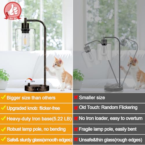 Lynnoland Set of 2 Industrial Table Lamps with USB Port, Rustic Black Fully Stepless Dimmable Bedside Lamps for bedrooms, Nightstand Desk Lamps with Clear Glass Shade for Reading Living Room Office 2 LED Bulb - Image 2