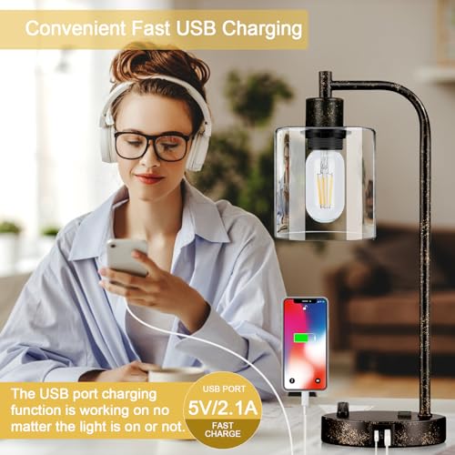 Lynnoland Set of 2 Industrial Table Lamps with USB Port, Rustic Black Fully Stepless Dimmable Bedside Lamps for bedrooms, Nightstand Desk Lamps with Clear Glass Shade for Reading Living Room Office 2 LED Bulb - Image 5