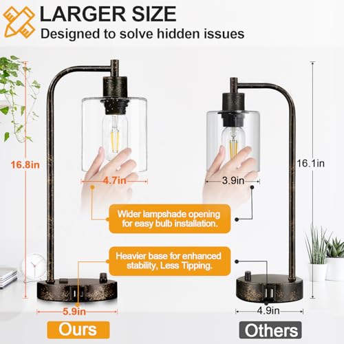 Lynnoland Set of 2 Industrial Table Lamps with USB Port, Rustic Black Fully Stepless Dimmable Bedside Lamps for bedrooms, Nightstand Desk Lamps with Clear Glass Shade for Reading Living Room Office 2 LED Bulb - Image 4
