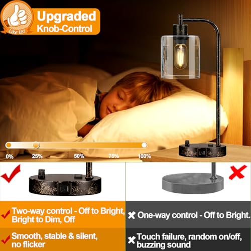 Lynnoland Set of 2 Industrial Table Lamps with USB Port, Rustic Black Fully Stepless Dimmable Bedside Lamps for bedrooms, Nightstand Desk Lamps with Clear Glass Shade for Reading Living Room Office 2 LED Bulb - Image 3