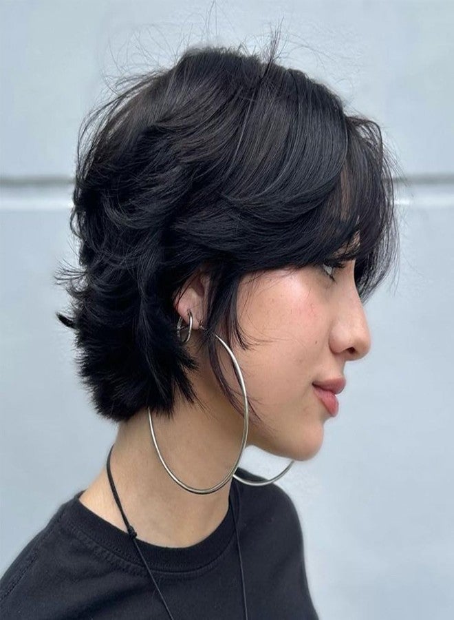 Adette 6 Inch Real Human Hair Wig for Women - Glueless Mullet & Wolf Cut Style, Natural Black Curly Wave Texture, Layered Pixie Cut with Bangs, 180% Density - Image 5