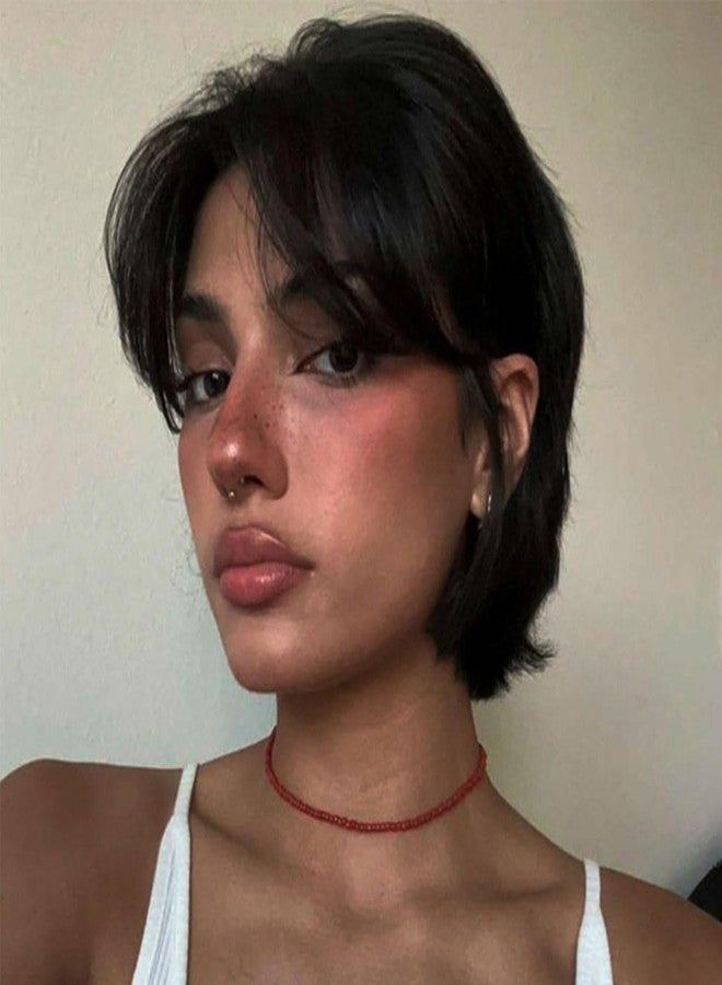 Adette 6 Inch Real Human Hair Wig for Women - Glueless Mullet & Wolf Cut Style, Natural Black Curly Wave Texture, Layered Pixie Cut with Bangs, 180% Density - Image 1