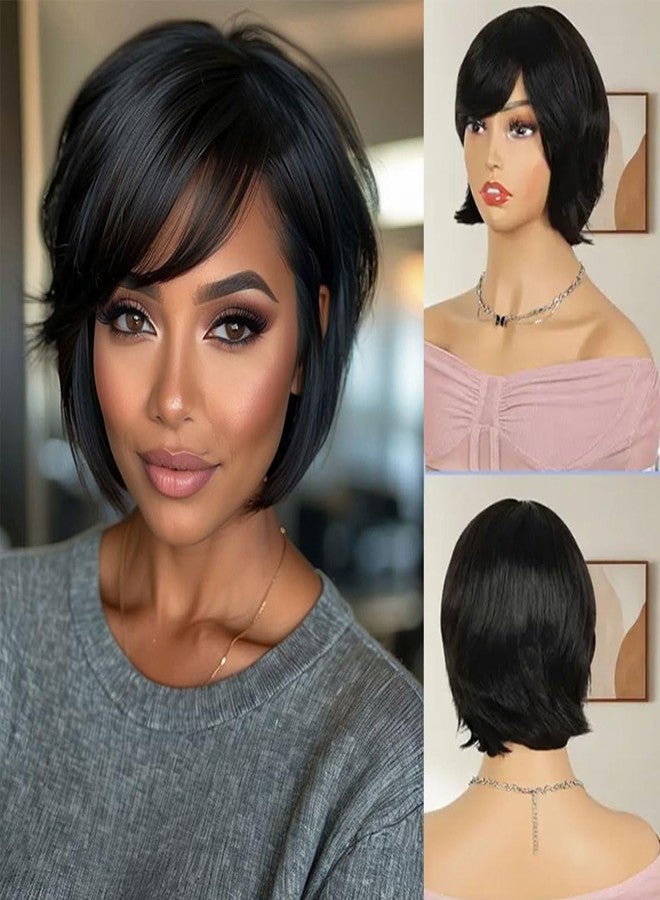 Adette 6 Inch Real Human Hair Wig for Women - Glueless Mullet & Wolf Cut Style, Natural Black Curly Wave Texture, Layered Pixie Cut with Bangs, 180% Density - Image 2