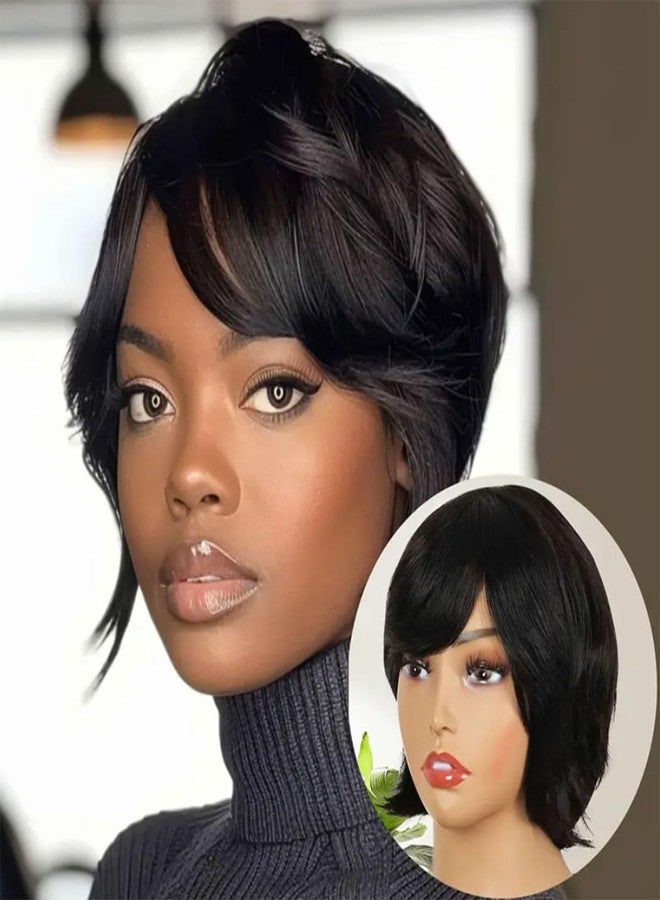 Adette 6 Inch Real Human Hair Wig for Women - Glueless Mullet & Wolf Cut Style, Natural Black Curly Wave Texture, Layered Pixie Cut with Bangs, 180% Density - Image 3