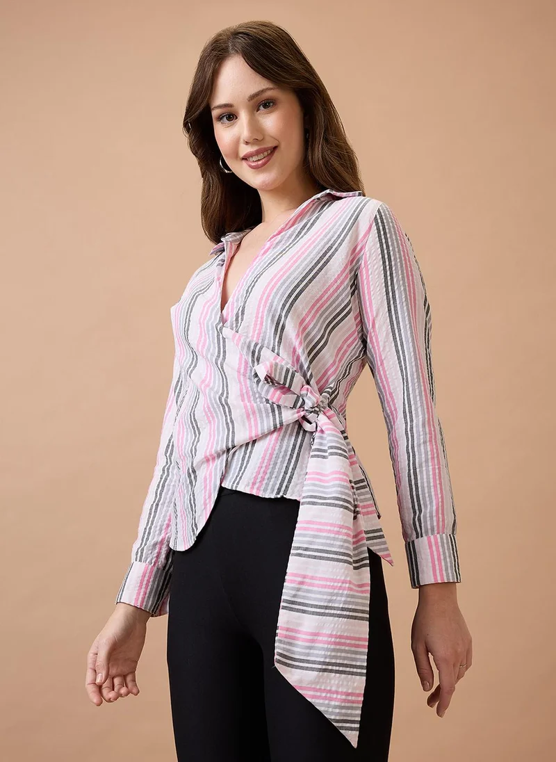 globus Globus Women Vertical Stripes Cuffed Sleeves Shirt Collar Wrap Waist Tie-Up Workwear Top