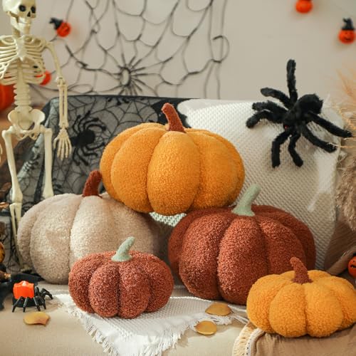 YRXRUS Pumpkin Pillows, Halloween Pumpkin Pillow Set of 2, Brown Throw Pillows Fall Room Decoration, Teddy Fleece 6x12&4x7 Inches Accent Cushion Gifts for Holiday - Image 5