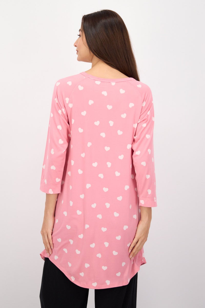 PJ Couture Women Heart Print Full Sleeves Sleepwear Top, Pink - Image 2