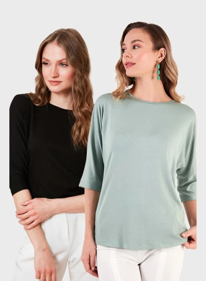 ليلا بلوزة نسائية ليلى بقصة قياسية بياقة دائرية وأكمام ثلاثة أرباع عبوة من قطعتين