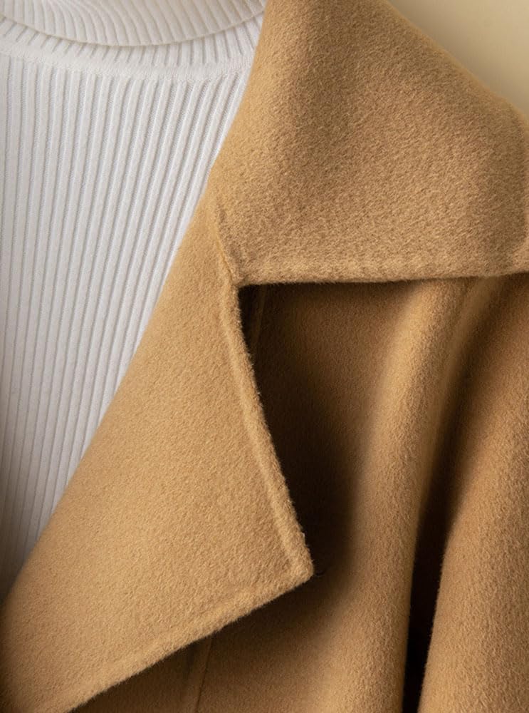 utcoco Womens Short Wool Pea Coat Notched Lapel Cropped Woolen Trench Coat with Pockets (Large, Camel) - Image 3