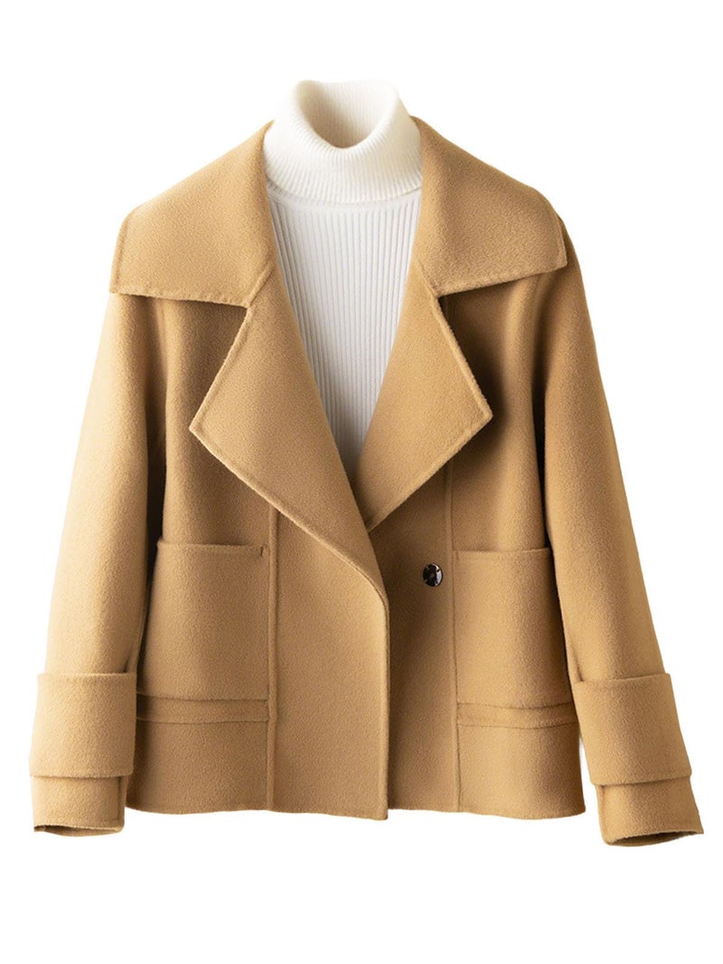 utcoco Womens Short Wool Pea Coat Notched Lapel Cropped Woolen Trench Coat with Pockets (Large, Camel) - Image 1