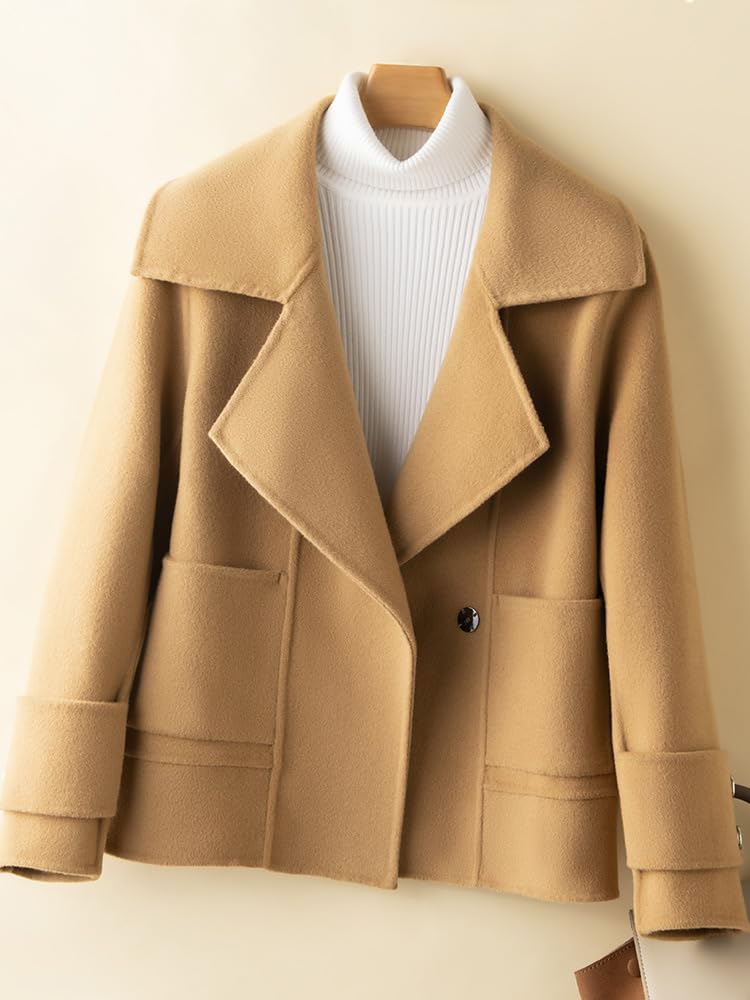 utcoco Womens Short Wool Pea Coat Notched Lapel Cropped Woolen Trench Coat with Pockets (Large, Camel) - Image 2