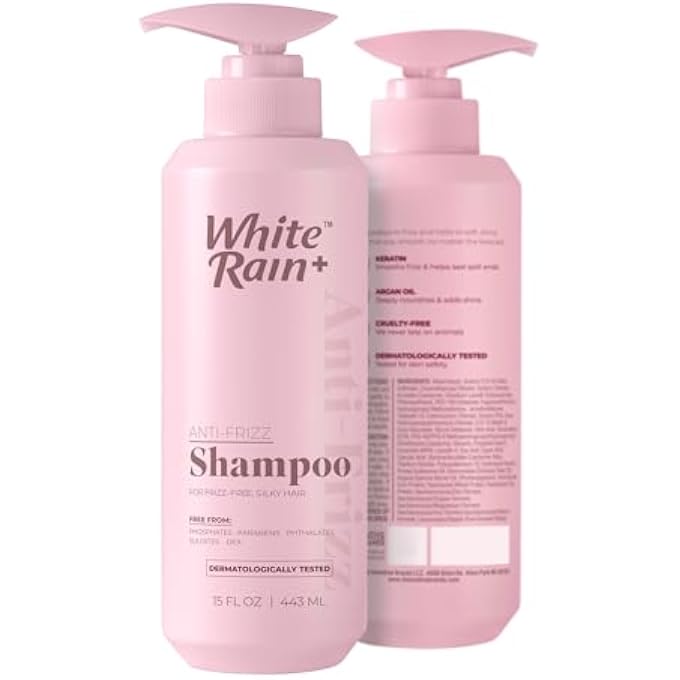 White Rain+ Anti-Frizz Shampoo for Frizzy Hair, Keratin and Argan Oil, Smooths Frizz and Adds Shine, Sulfate-Free Hair Shampoo for Women and Men, 15 fl oz