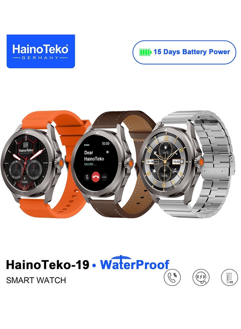 Haino Teko HainoTeko-19 Waterproof Smart Watch Large Screen AMOLED Display Smart Watch With 3 Pair Straps Charging Cable and 15 Days Battery Life Designed for Men Silver - Image 1
