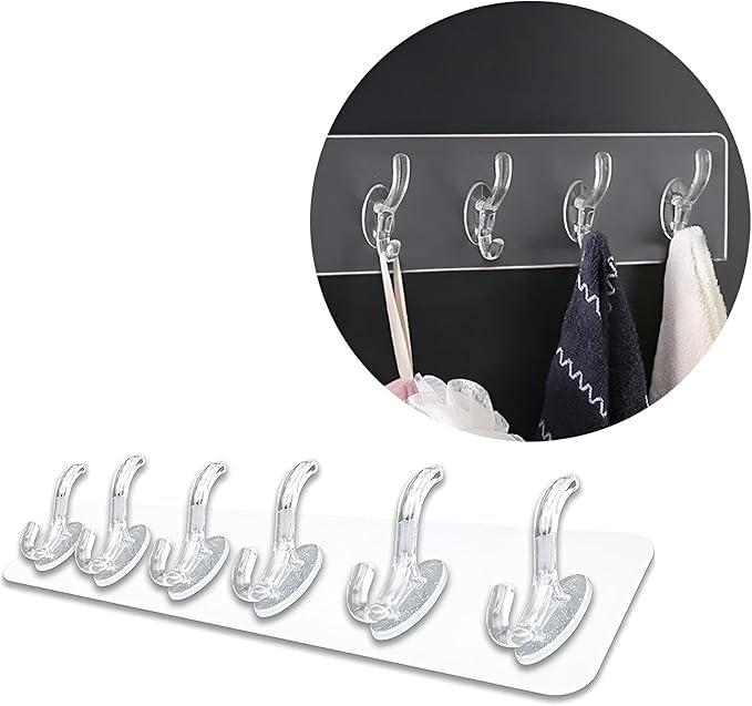 Genaric 6 Rows Multifunctional Transparent Sticky Hook Set Adhesive Sticker Hanger in Kitchen Bathroom Oilproof Home Wall Hanging Waterproof Seamless Invisible Strong Self Adhesive Wall Mounted (2 Pack)
