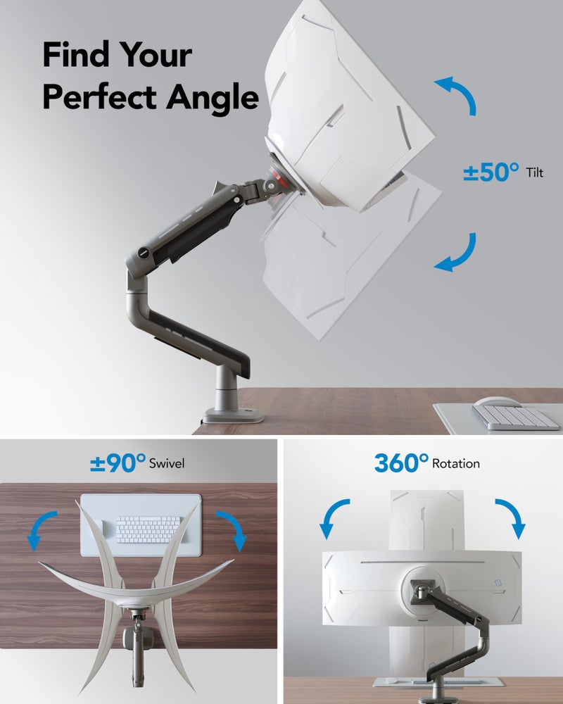 HUANUO TitanLift Heavy Duty Monitor Arm for Screens up to 49", Holds 44 lbs, Aluminum Ultrawide Screen Monitor Mount, Fully Adjustable Single Gaming Desk Mount with Dual C-Clamp, Max VESA 100x100mm - Image 4