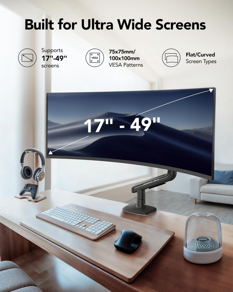 HUANUO TitanLift Heavy Duty Monitor Arm for Screens up to 49", Holds 44 lbs, Aluminum Ultrawide Screen Monitor Mount, Fully Adjustable Single Gaming Desk Mount with Dual C-Clamp, Max VESA 100x100mm - Image 3