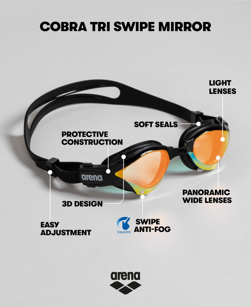ARENA Unisex Adult Cobra Tri Swimming Goggles for Triathlon and Fitness Swipe Anti-Fog Wide Vision Mirror Lens, Yellow/Copper/Black - Image 3