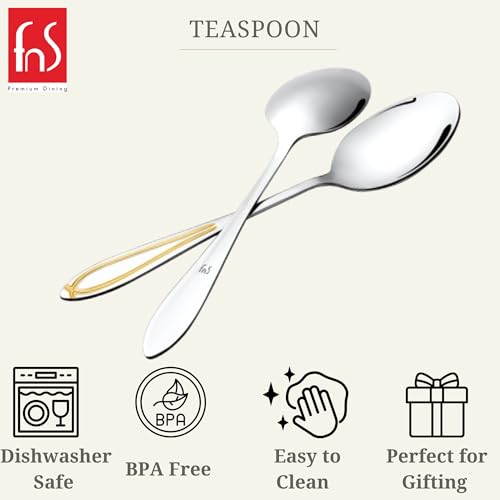 FnS - Stainless Steel, Classic 24 Karat Gold Plated Style - Teaspoon Set, Pack of 6 Units, Gold Color - Suitable for Dining Table Tea Service Kitchen Cutlery Setup Decorative Spoon Design Utility Use - Image 3