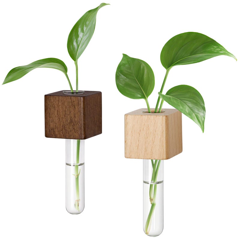 OtGalk Magnetic Test Tube Flower Vases for Refrigerator, Set of 2 Wooden Fridge Magnet Planters with Glass Tubes â€“ Light & Dark Wood Color, Propagation Station for Hydroponic Display (No Plant Included) - Image 1