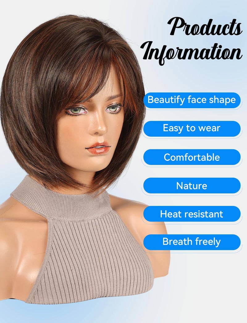 HAIRCUBE Bob Wigs for Women Synthetic Wig with Fringe Brown with highlight Color - Image 2