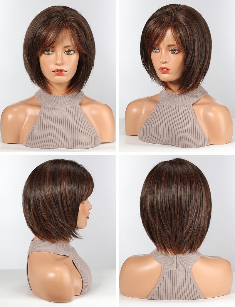 HAIRCUBE Bob Wigs for Women Synthetic Wig with Fringe Brown with highlight Color - Image 5
